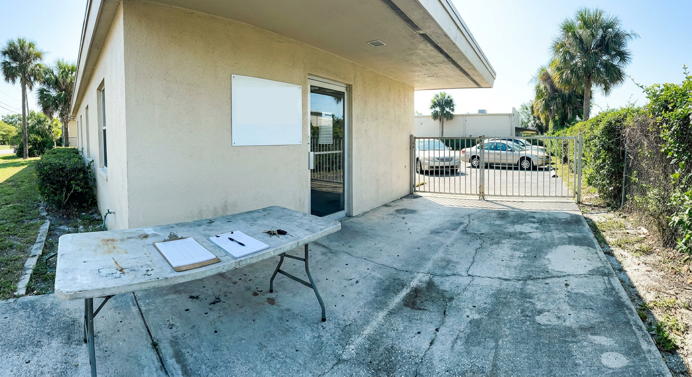 Foldable table with clipboards outside a small stucco office building near a gated driveway