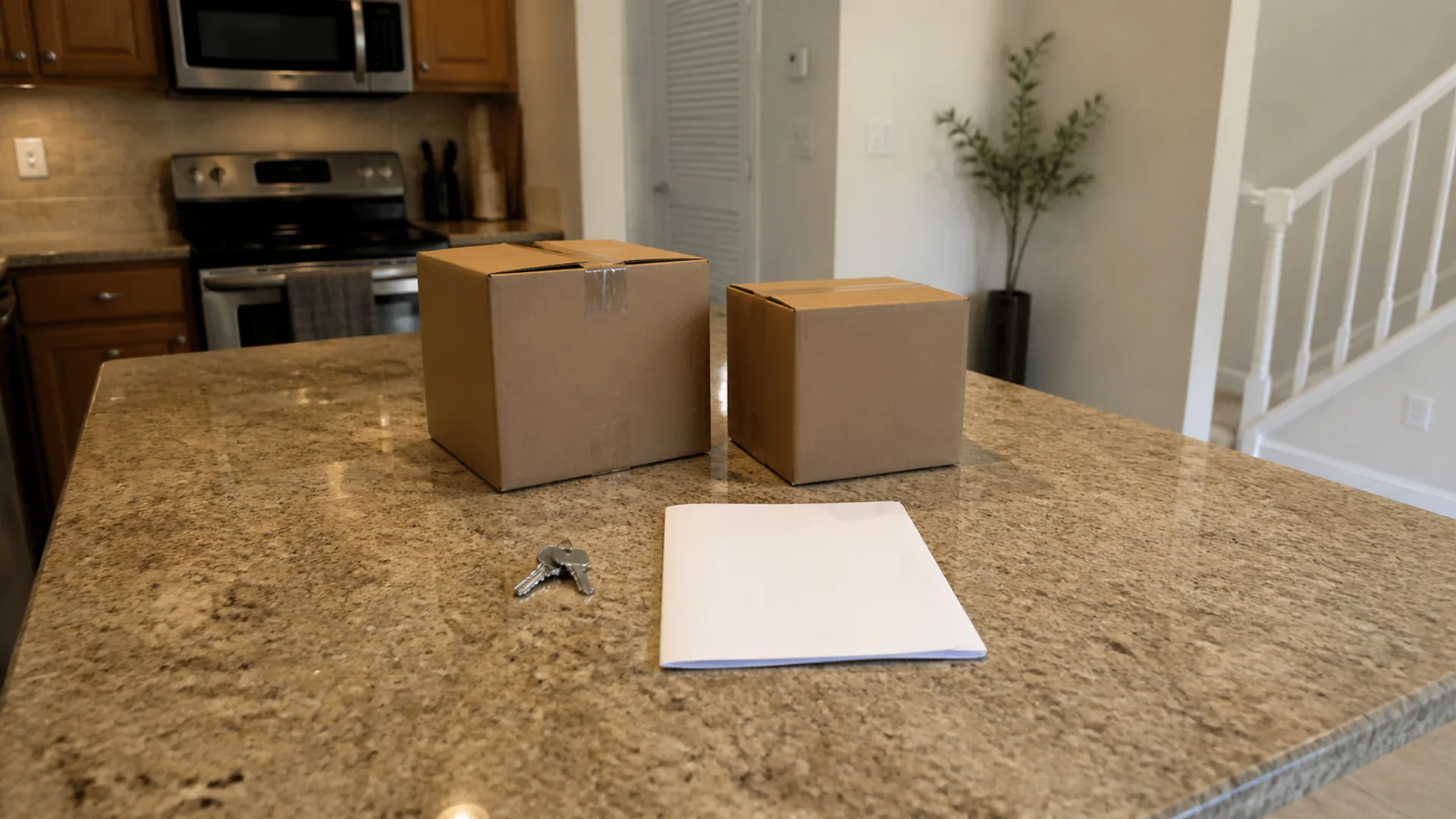 House keys and moving boxes on a kitchen counter in a South Florida home.